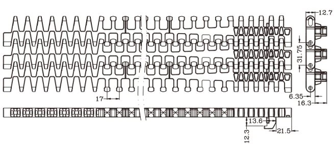 1285 Series Radius Sideflex Flat Top Belt dimension drawing