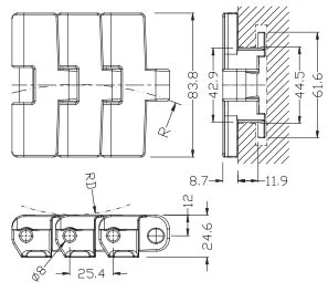 783 TAB Sideflex Single Hinge Chain dimension drawing